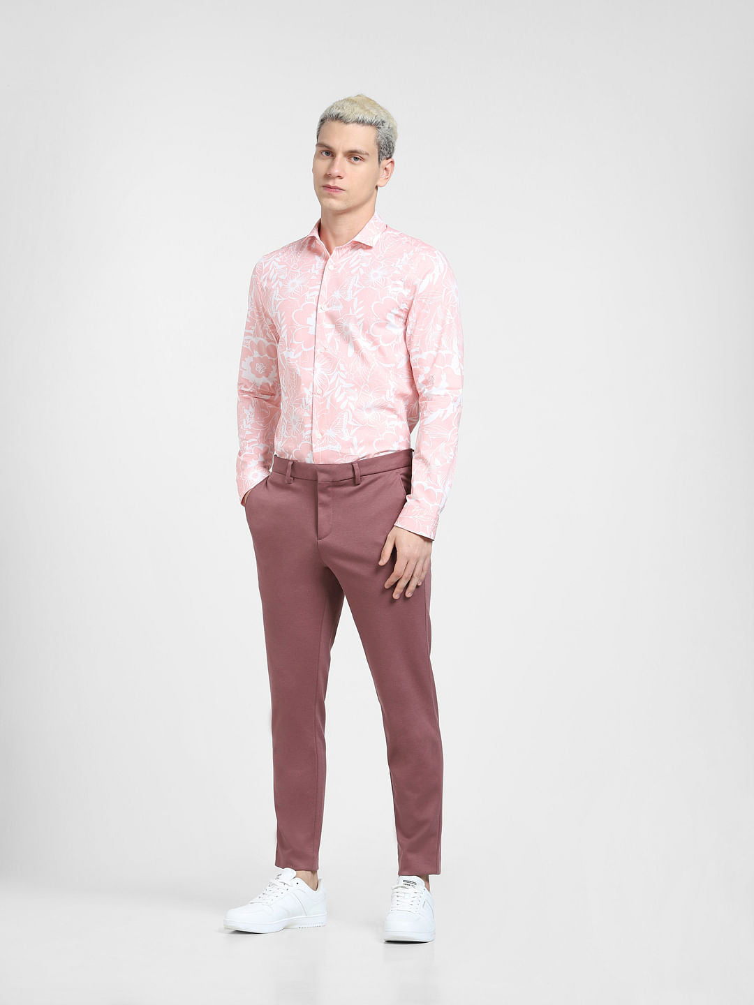Peach Floral Print Full Sleeves Shirt