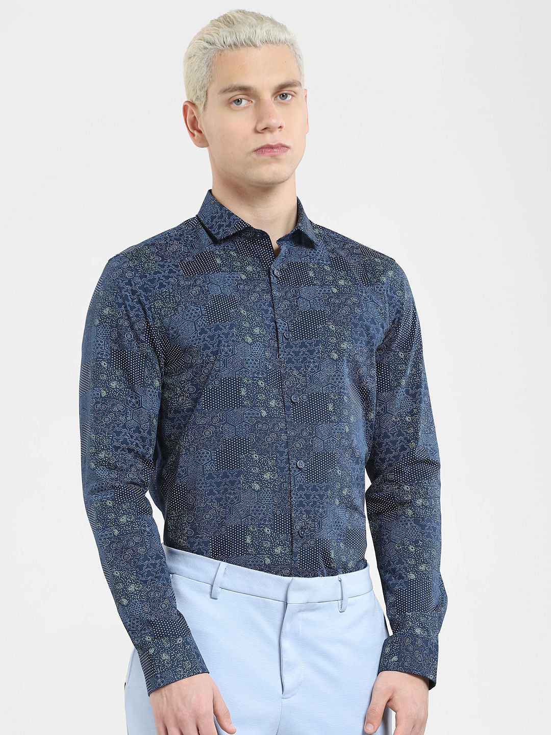 Dark Blue Printed Full Sleeves Shirt