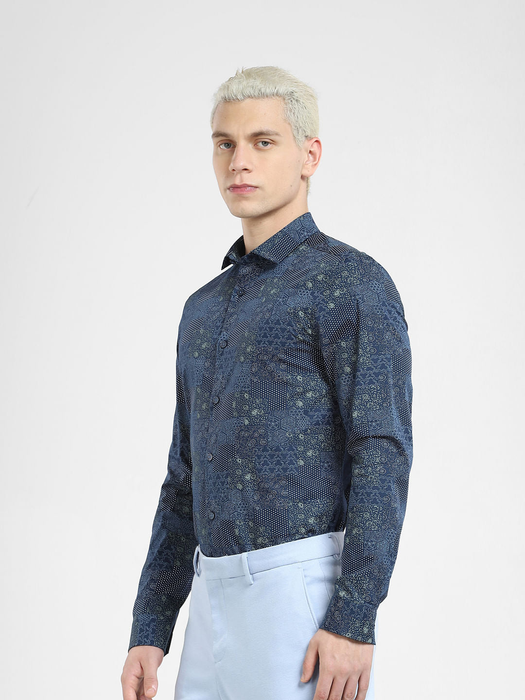 Dark Blue Printed Full Sleeves Shirt