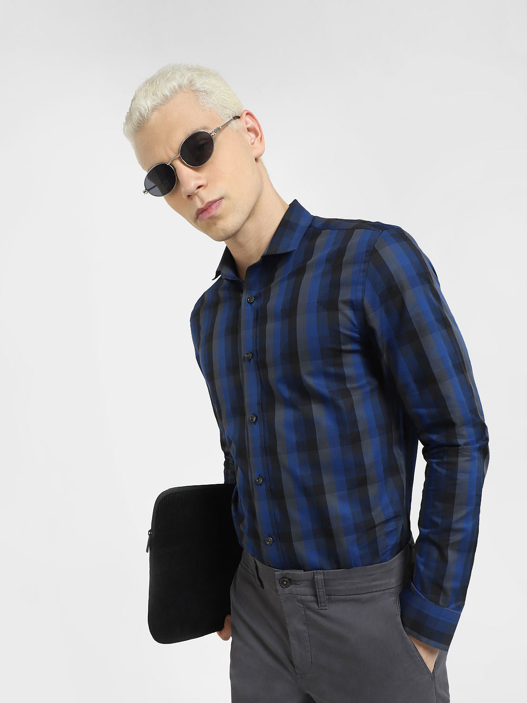 Dark Blue Check Full Sleeves Shirt - S
