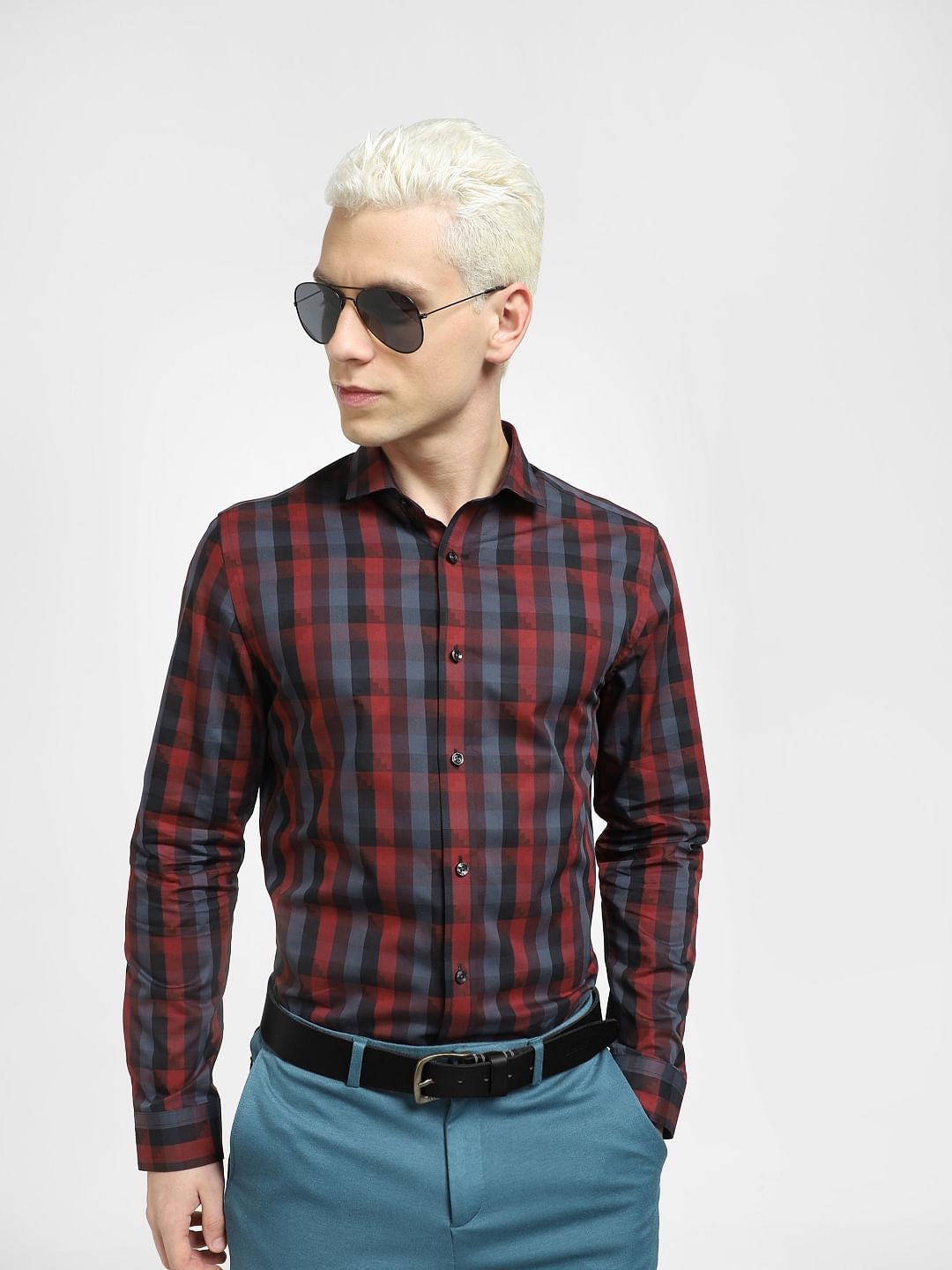 Dark Red Check Full Sleeves Shirt - S