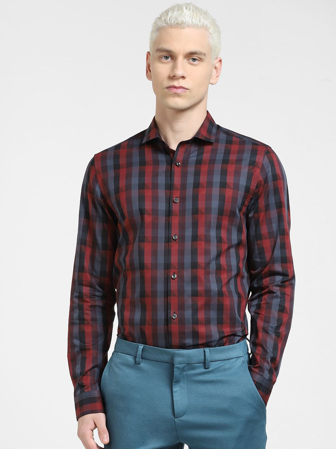 Dark Red Check Full Sleeves Shirt
