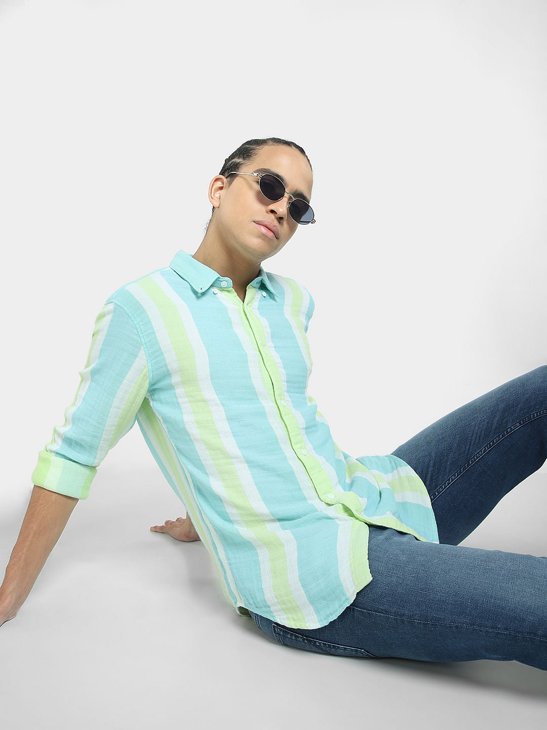 Sky Blue Striped Full Sleeves Shirt - S