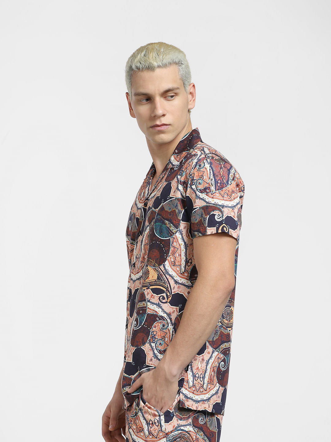 Brown Printed Short Sleeves Shirt