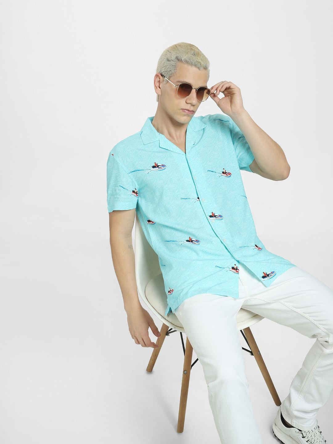 Blue Printed Short Sleeves Shirt - S