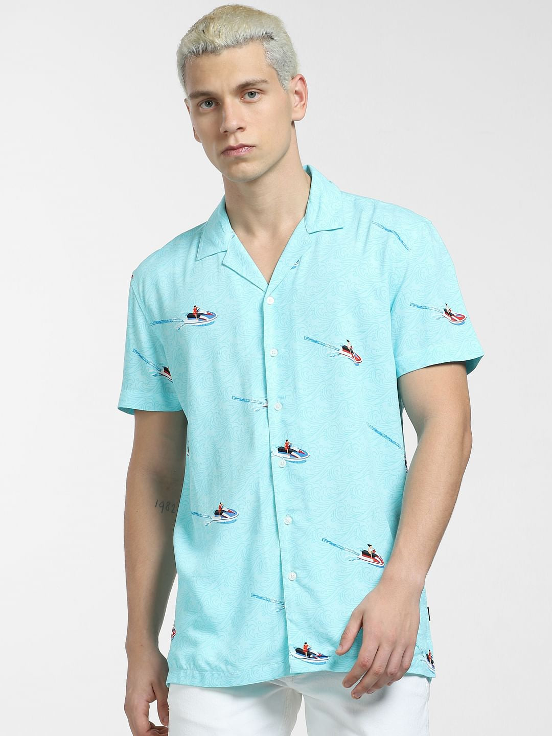 Blue Printed Short Sleeves Shirt