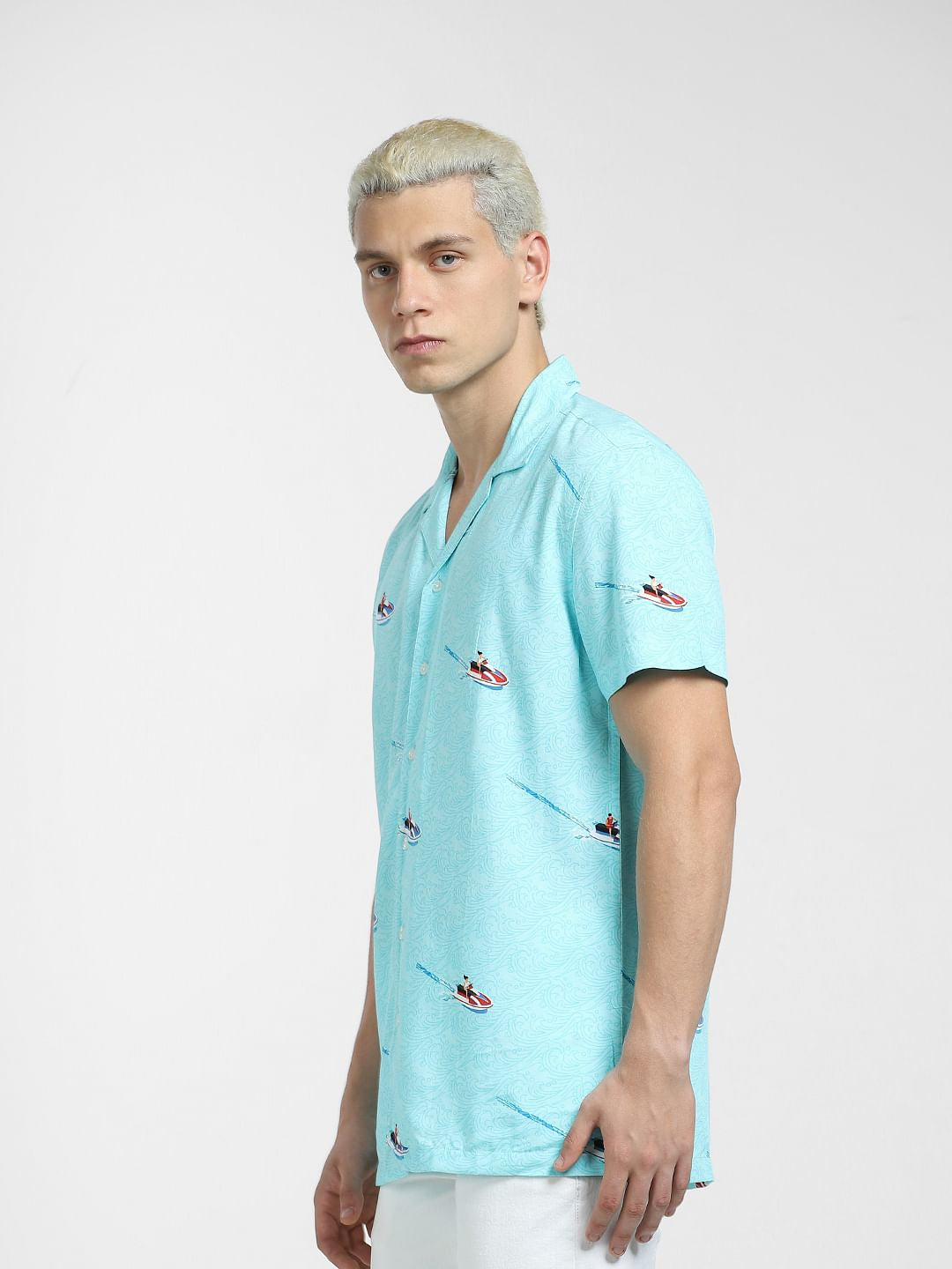 Blue Printed Short Sleeves Shirt