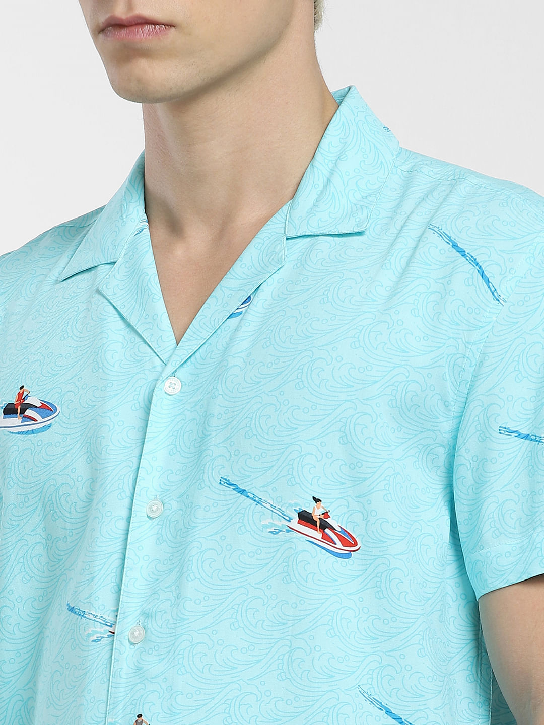 Blue Printed Short Sleeves Shirt