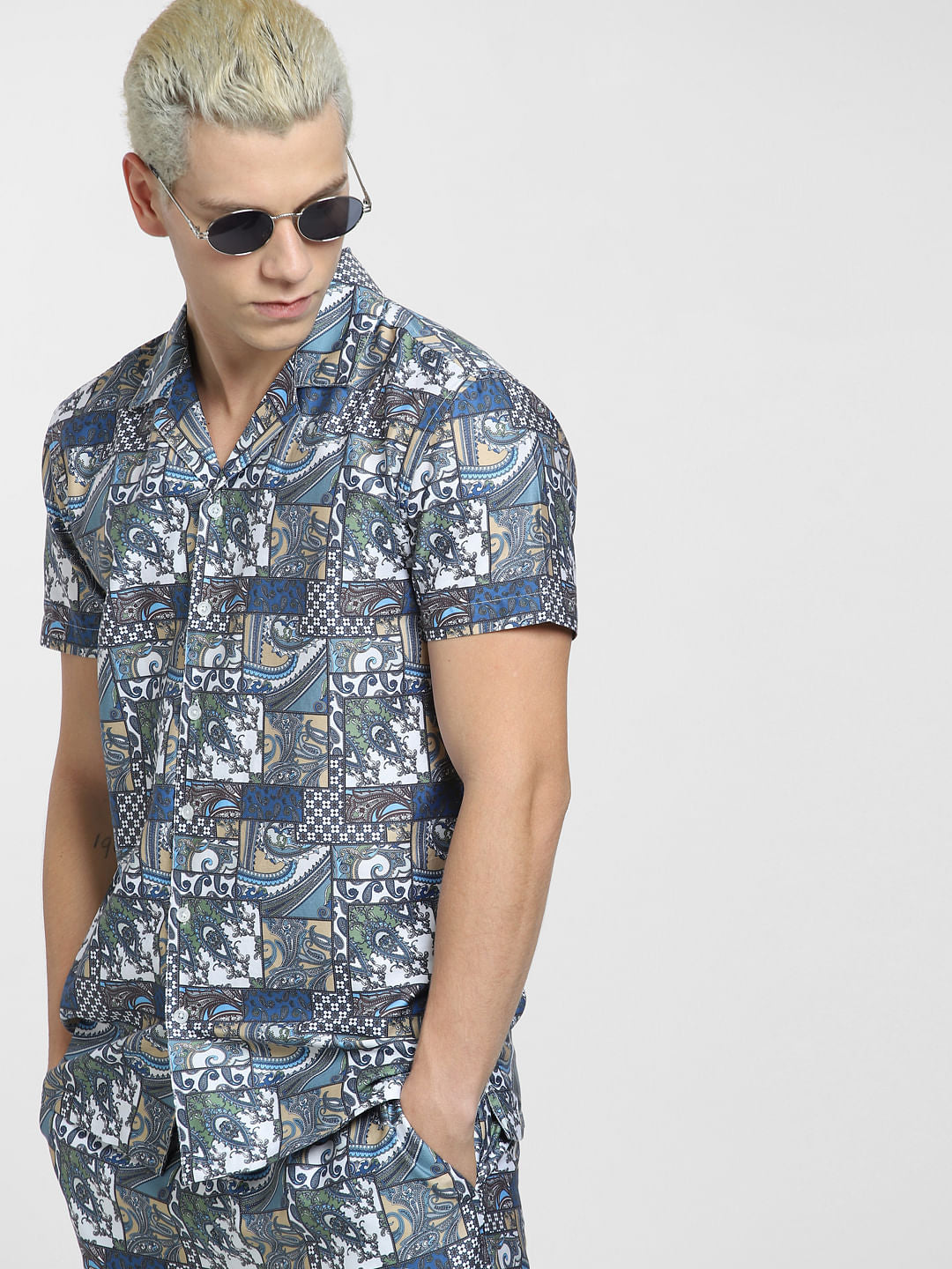 Blue Printed Short Sleeves Shirt - S