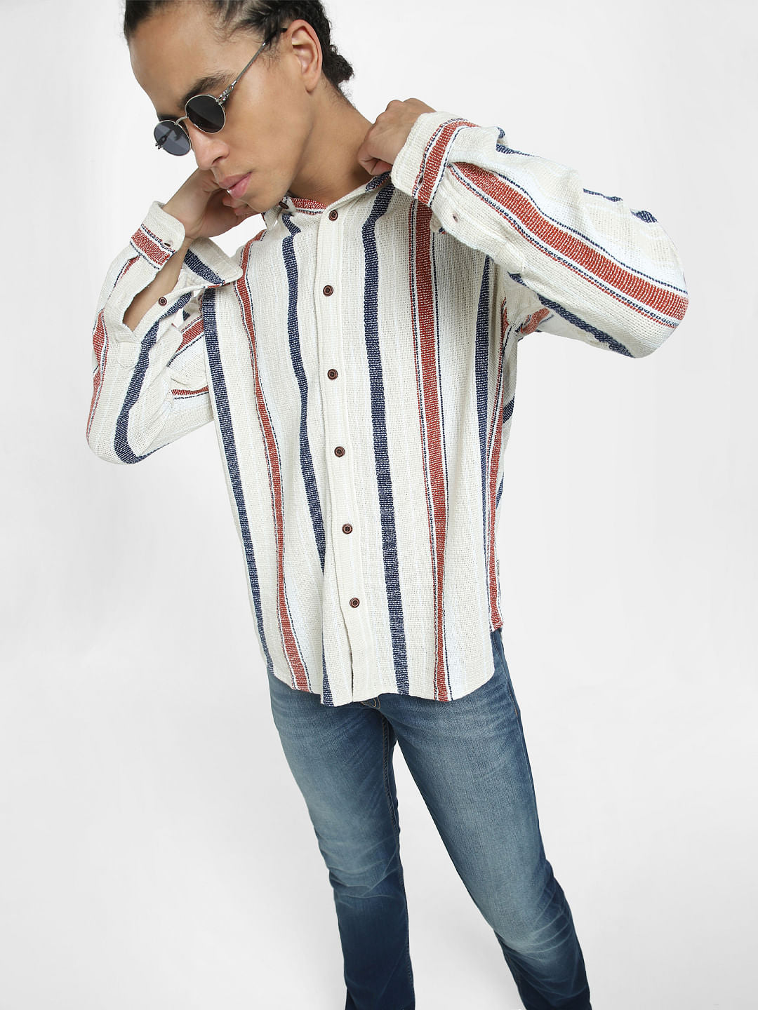 Beige Striped Full Sleeves Shirt - S