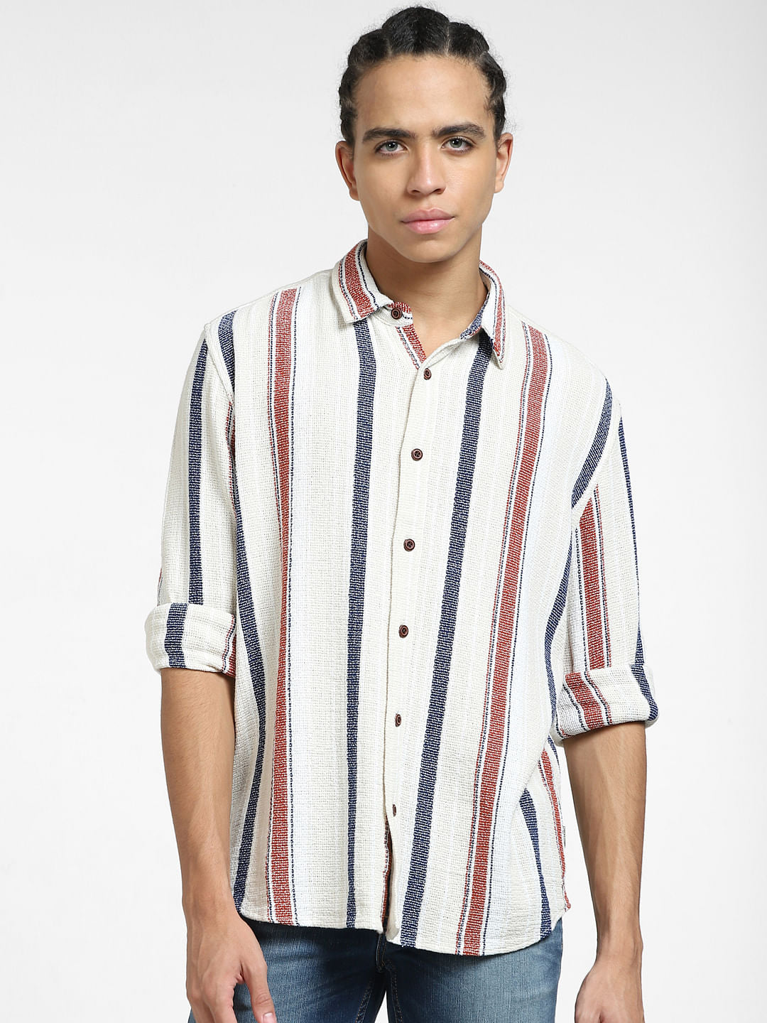 Beige Striped Full Sleeves Shirt