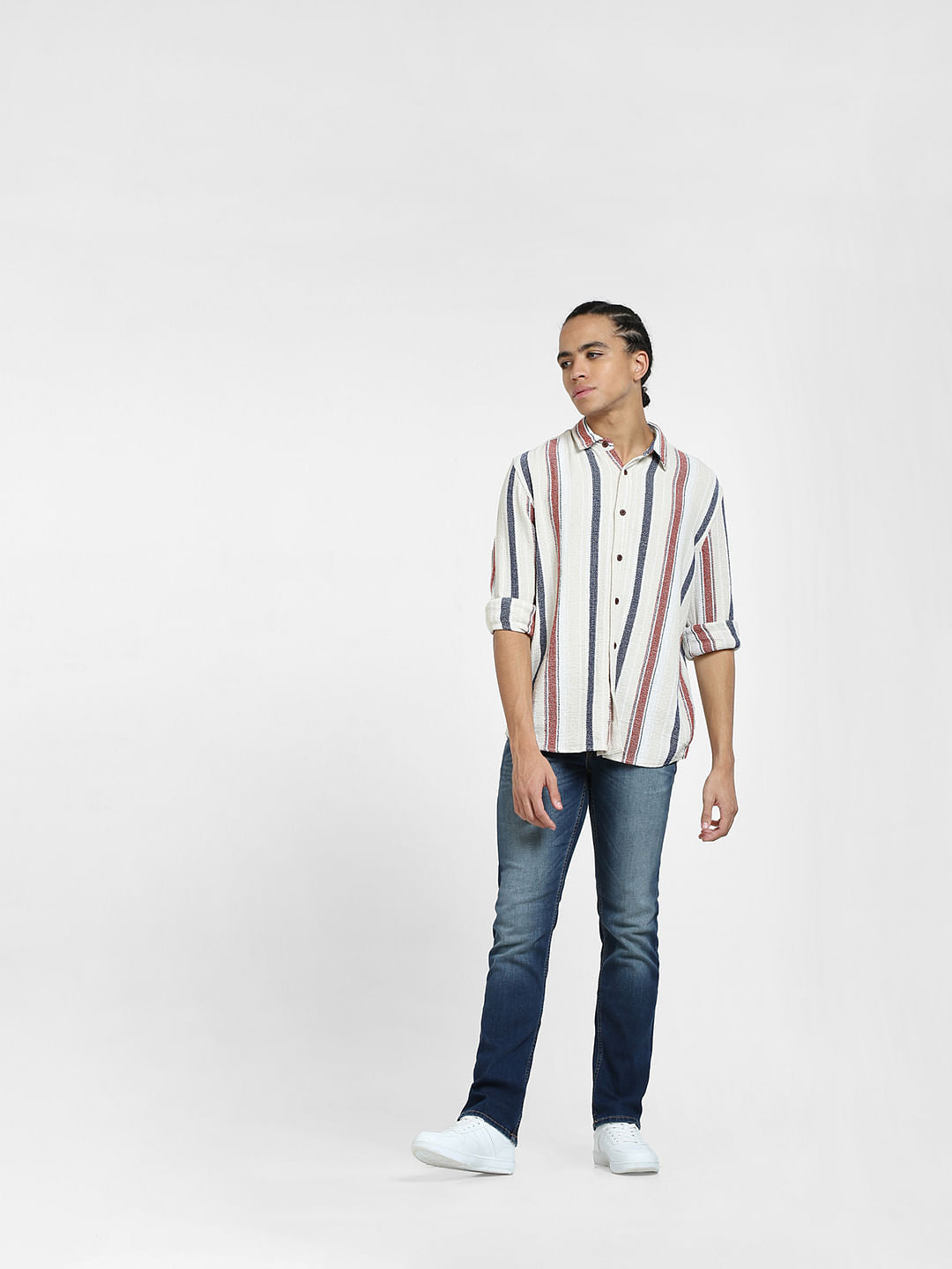 Beige Striped Full Sleeves Shirt