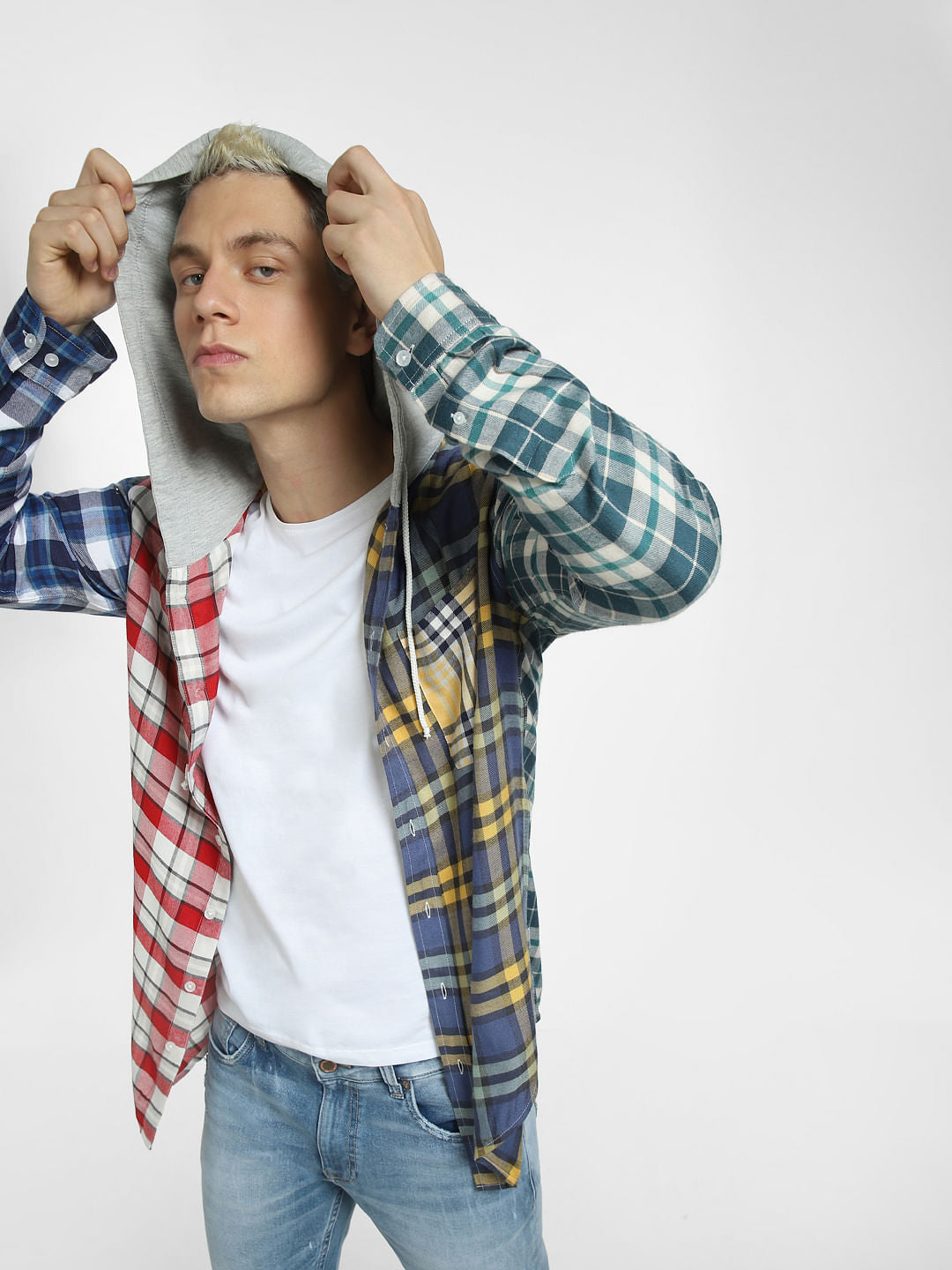 METAVERSE Blue Check Hooded Full Sleeves Shirt - S