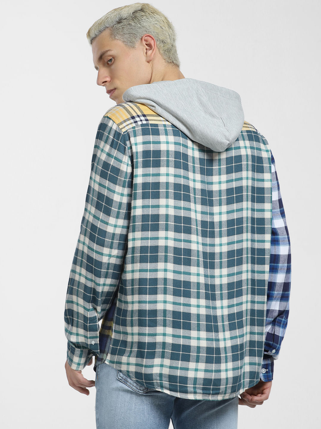 METAVERSE Blue Check Hooded Full Sleeves Shirt
