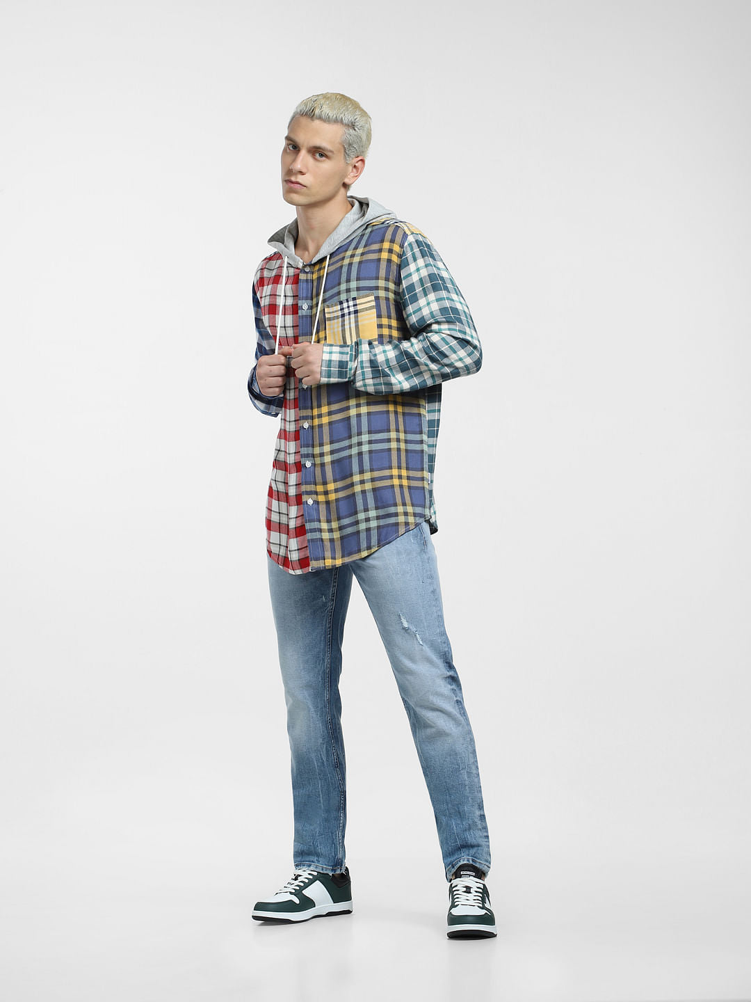 METAVERSE Blue Check Hooded Full Sleeves Shirt