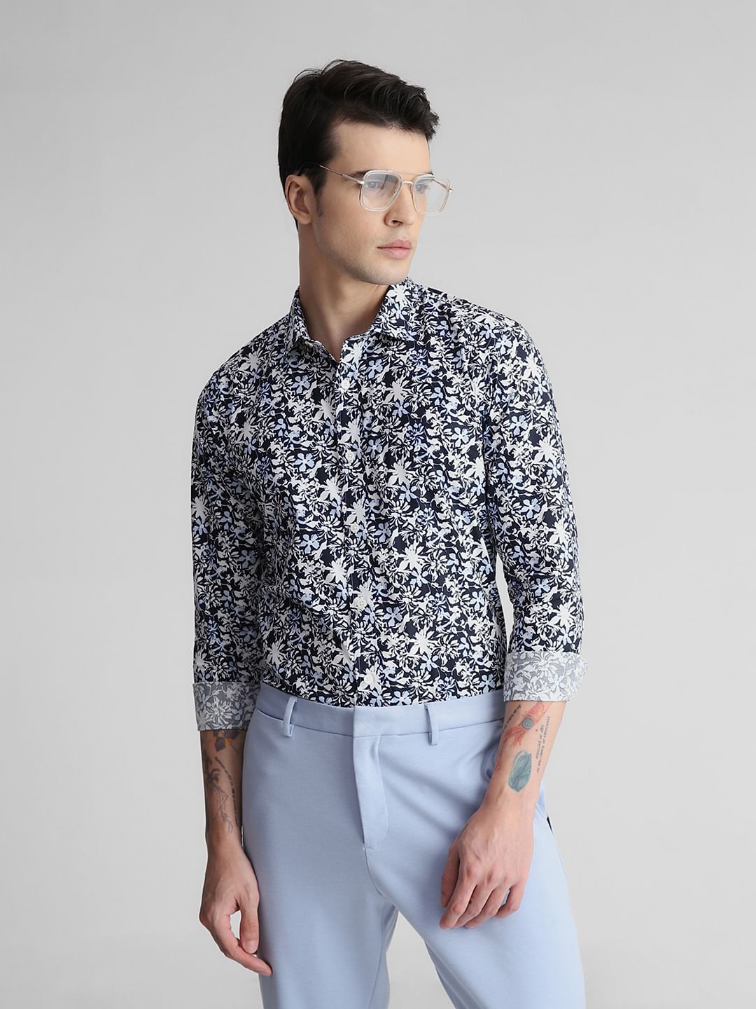 Navy Blue Floral Full Sleeves Shirt - S
