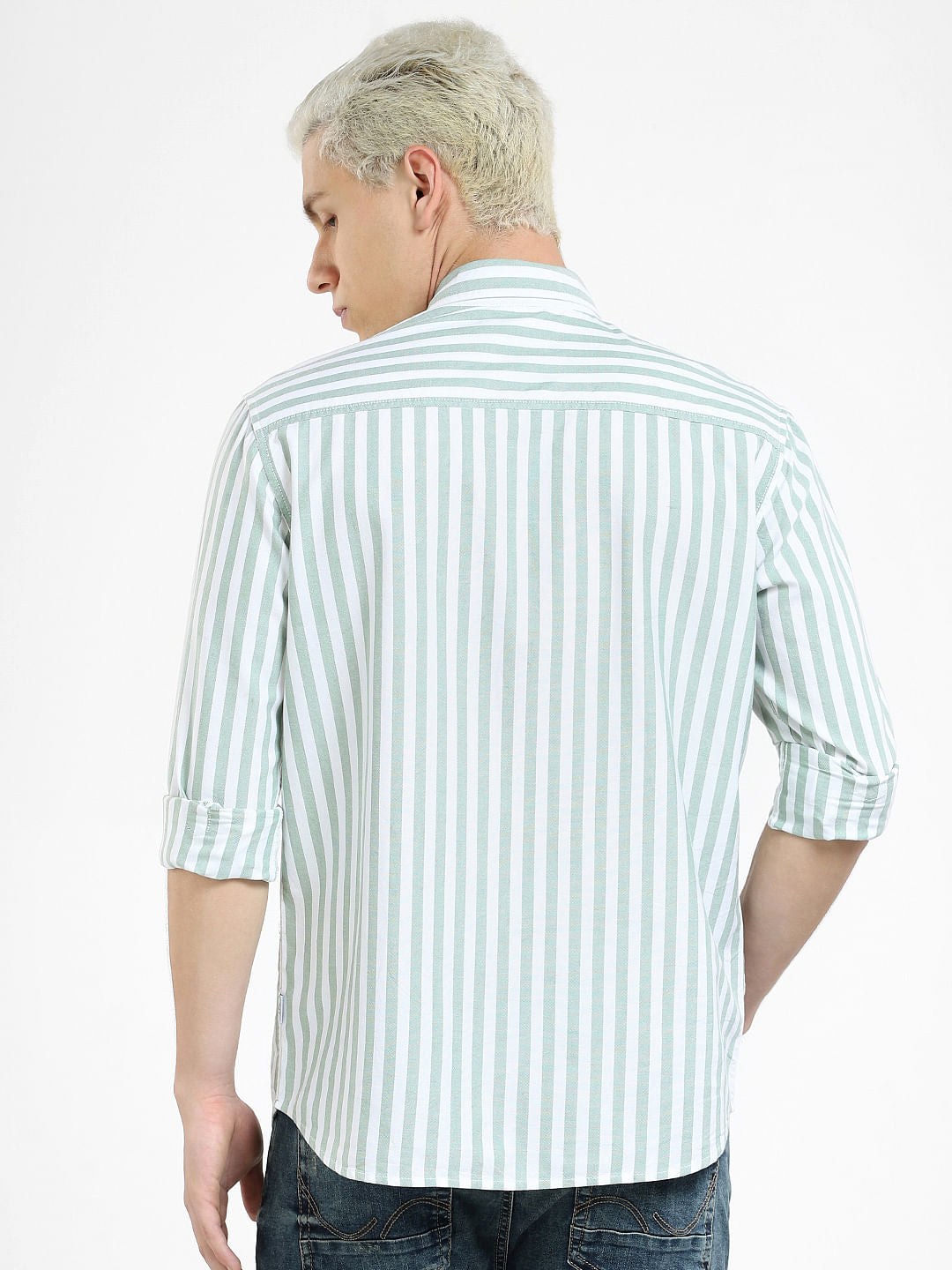 Green Striped Full Sleeves Shirt