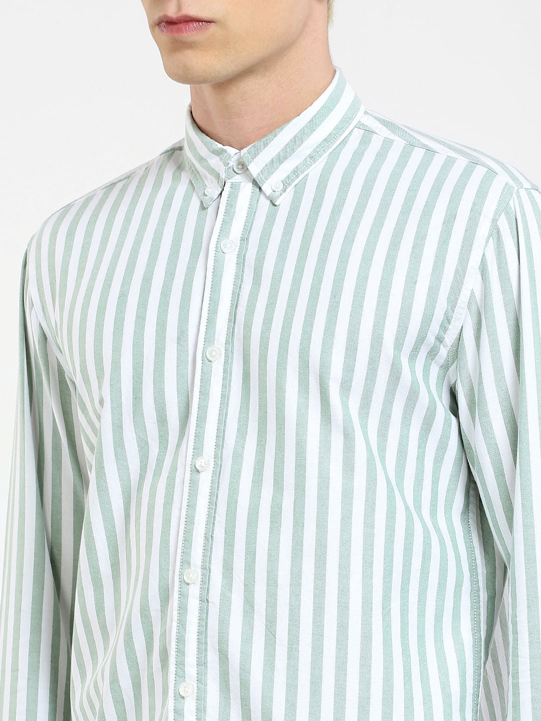 Green Striped Full Sleeves Shirt