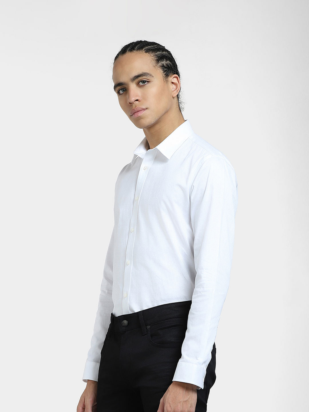 White Self-Print Full Sleeves Shirt