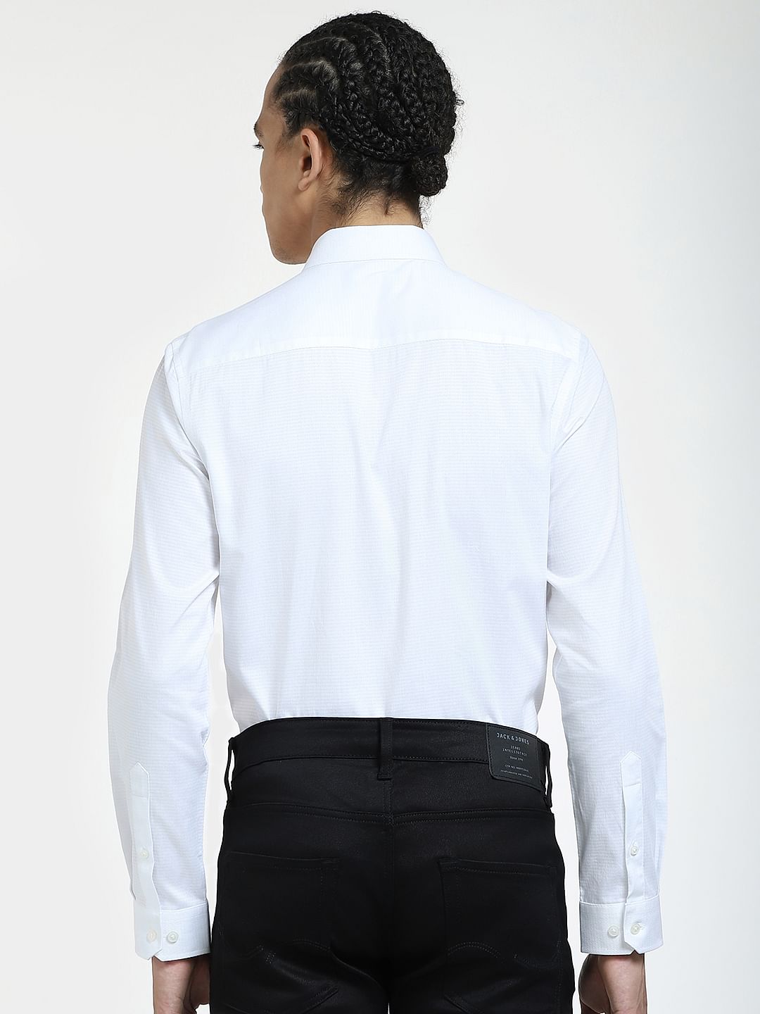 White Self-Print Full Sleeves Shirt