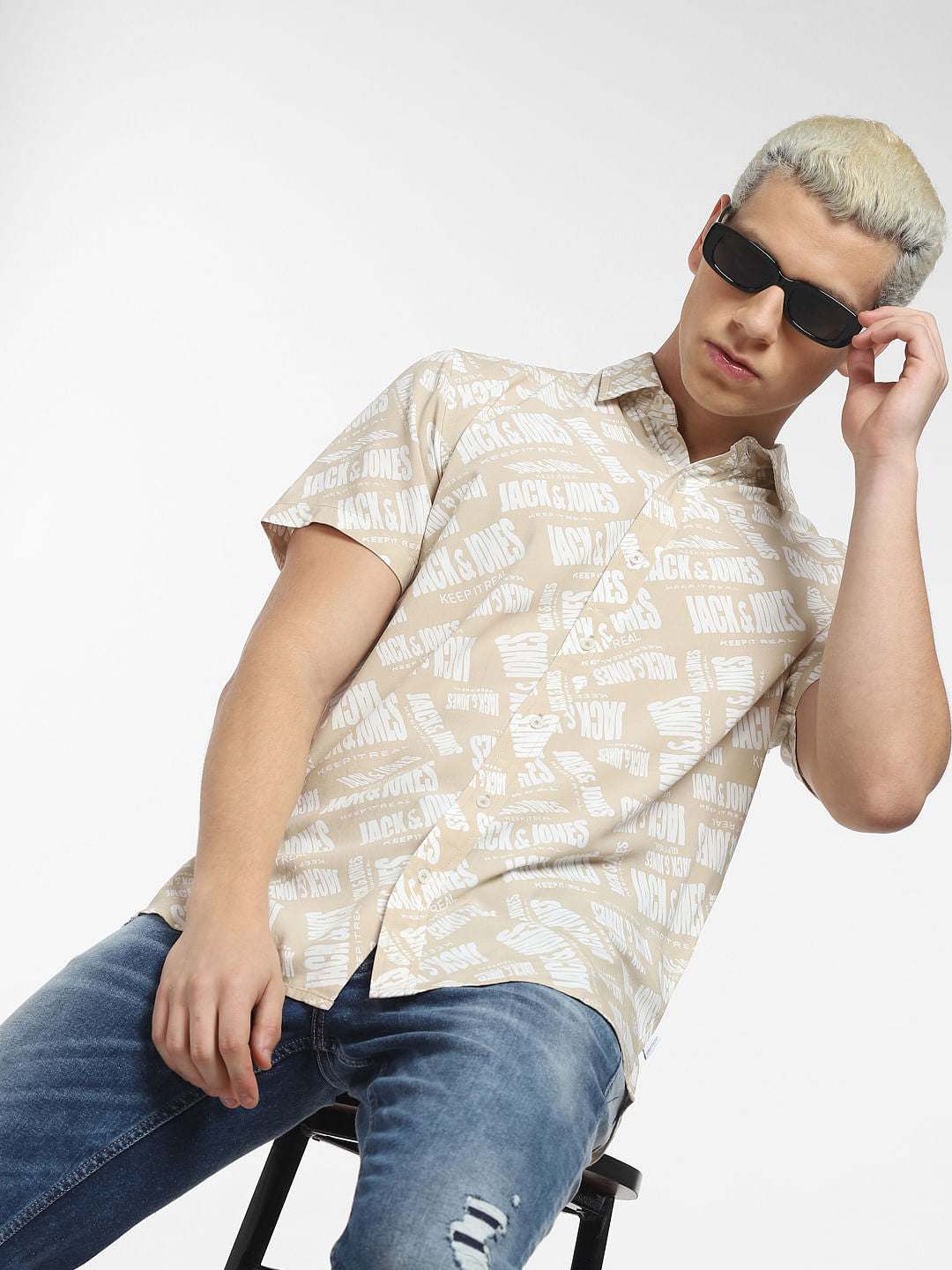 Beige Logo Print Short Sleeves Shirt - S