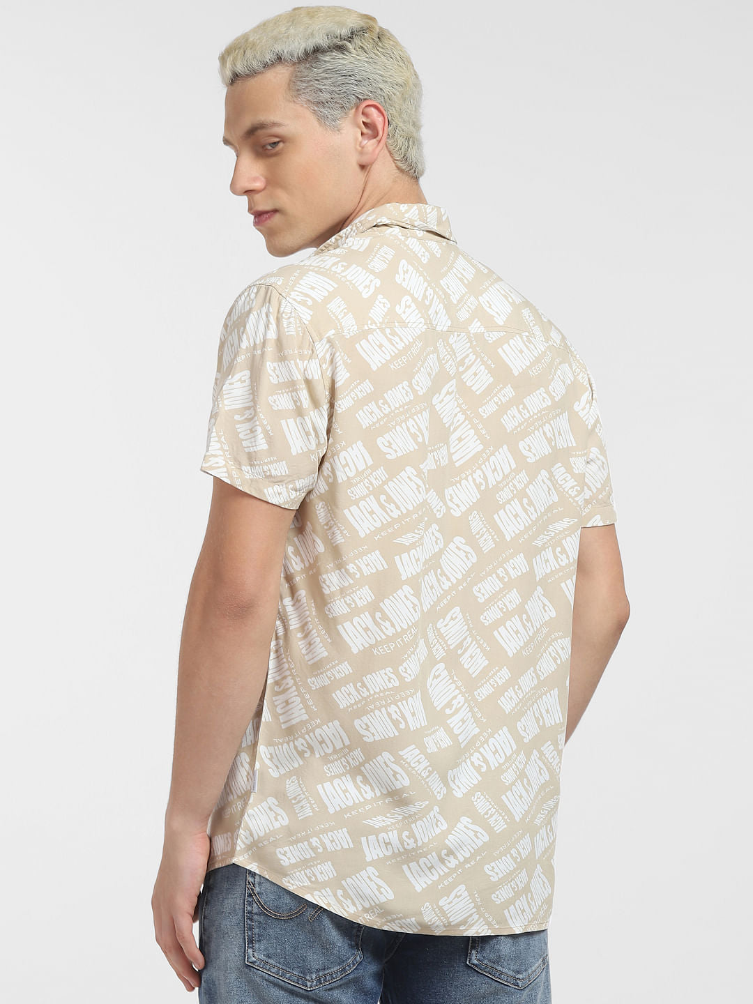 Beige Logo Print Short Sleeves Shirt