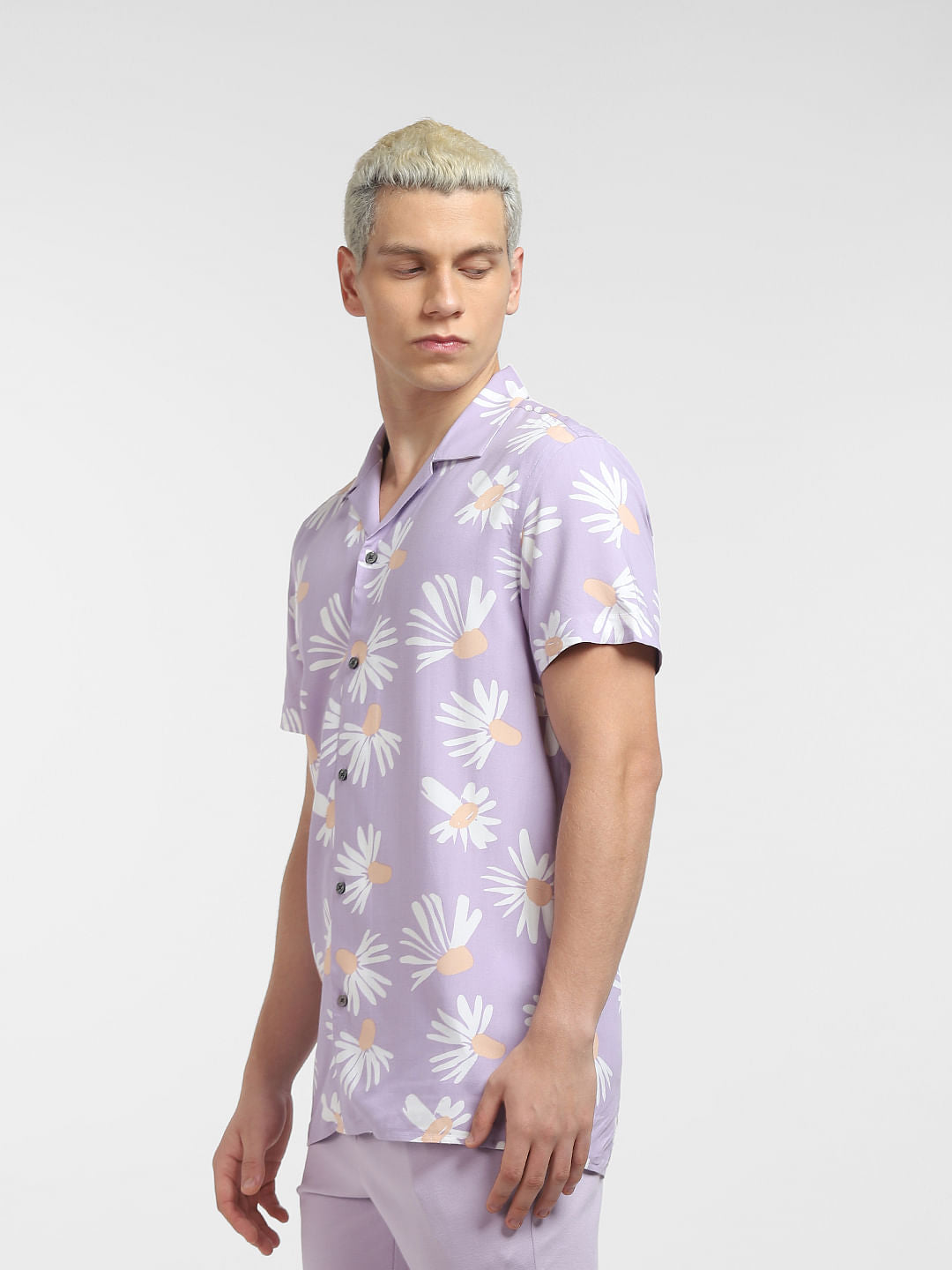 Purple Floral Print Short Sleeves Shirt