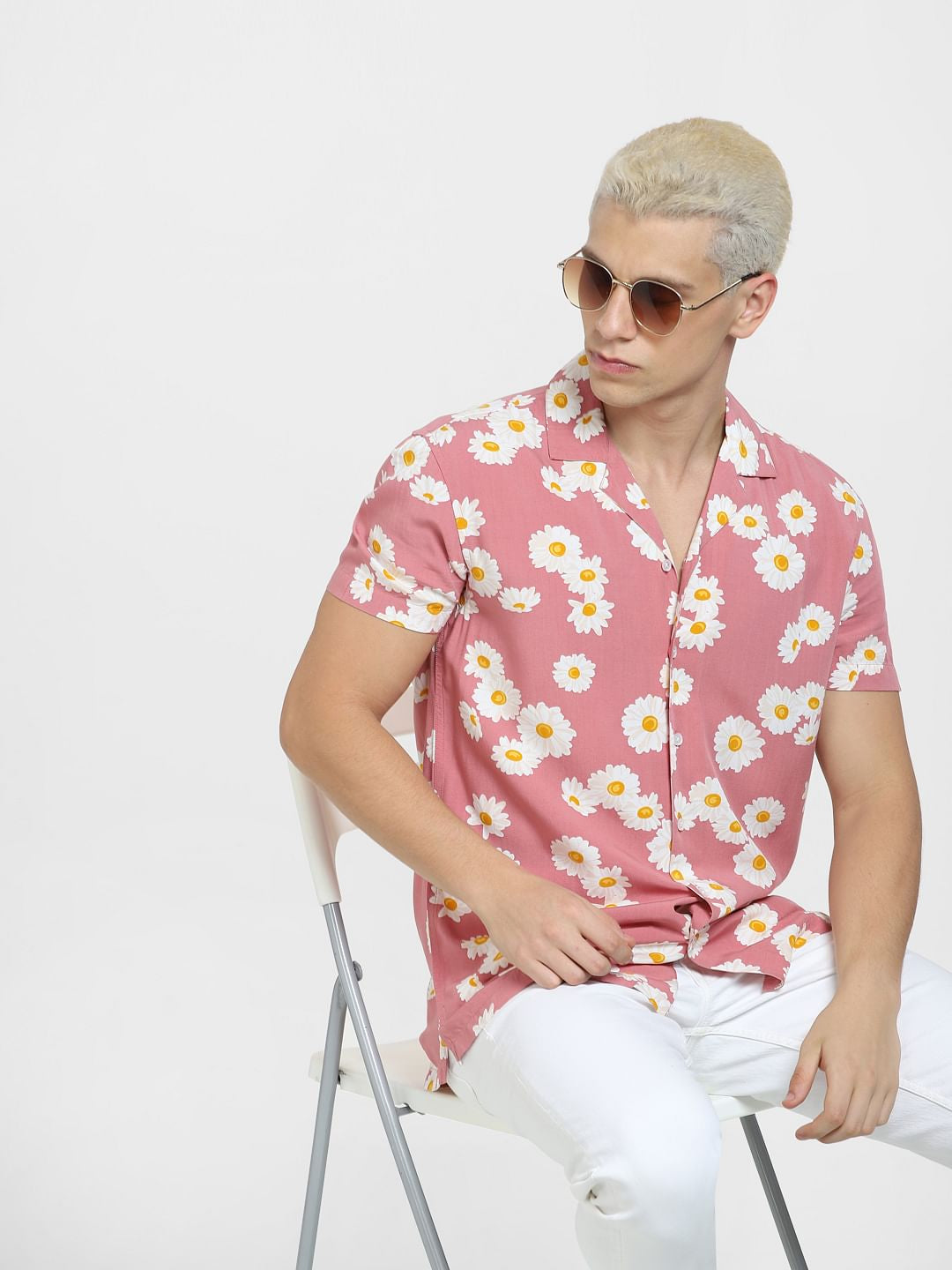 Pink Floral Print Short Sleeves Shirt - S