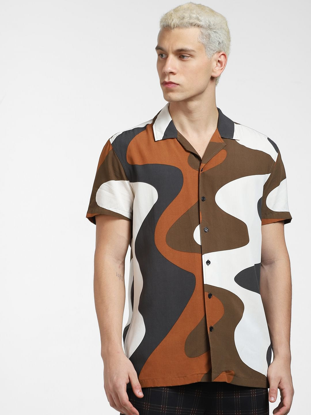 Brown Printed Short Sleeves Shirt