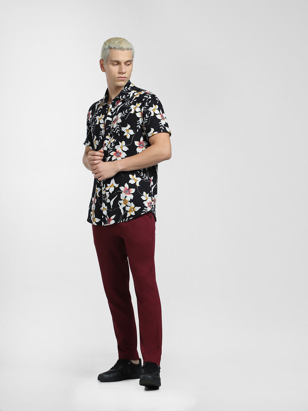 Black Floral Print Short Sleeves Shirt