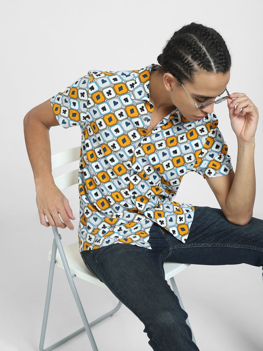 Blue Printed Short Sleeves Shirt - S