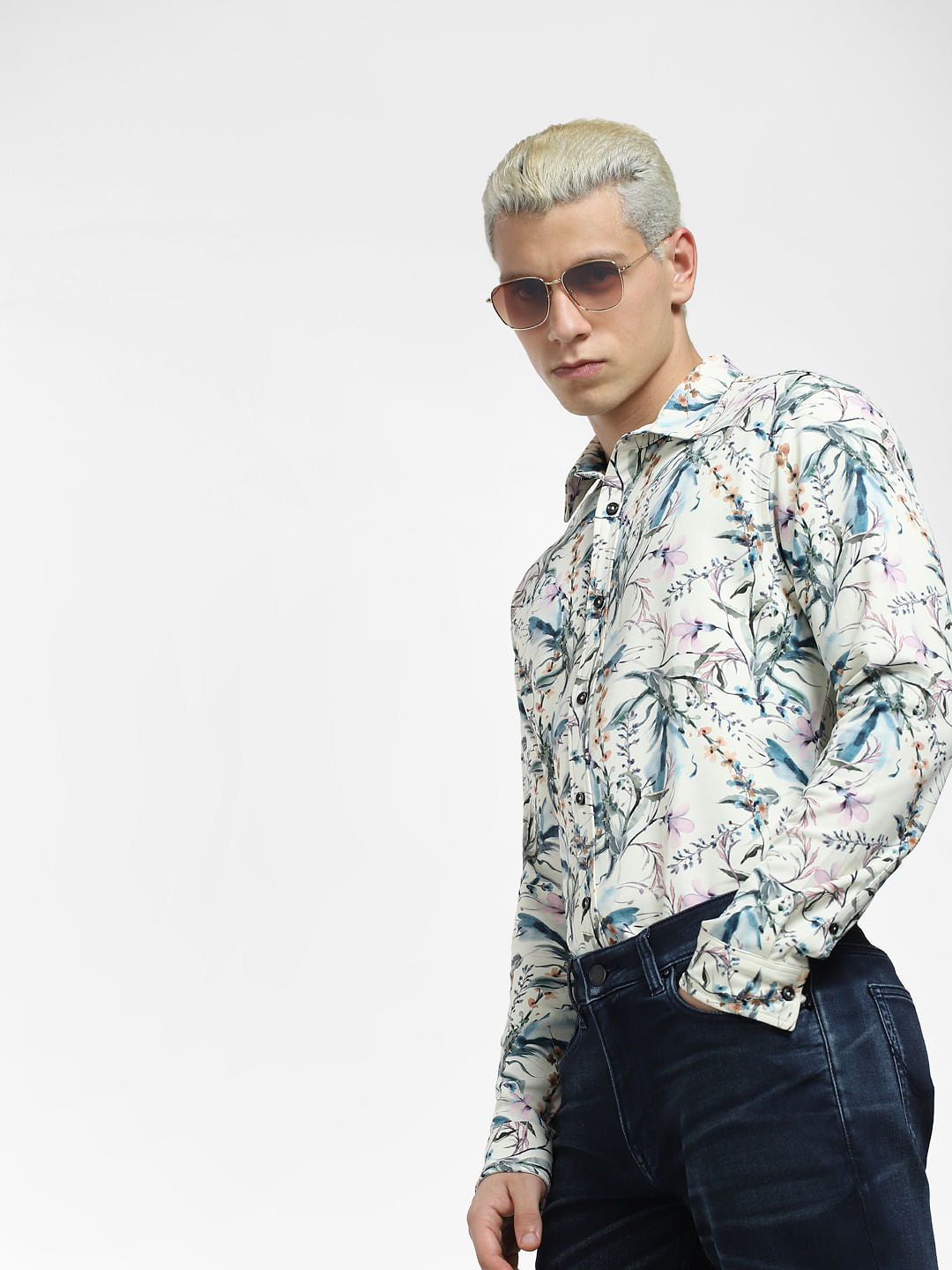 Light Yellow Floral Full Sleeves Shirt