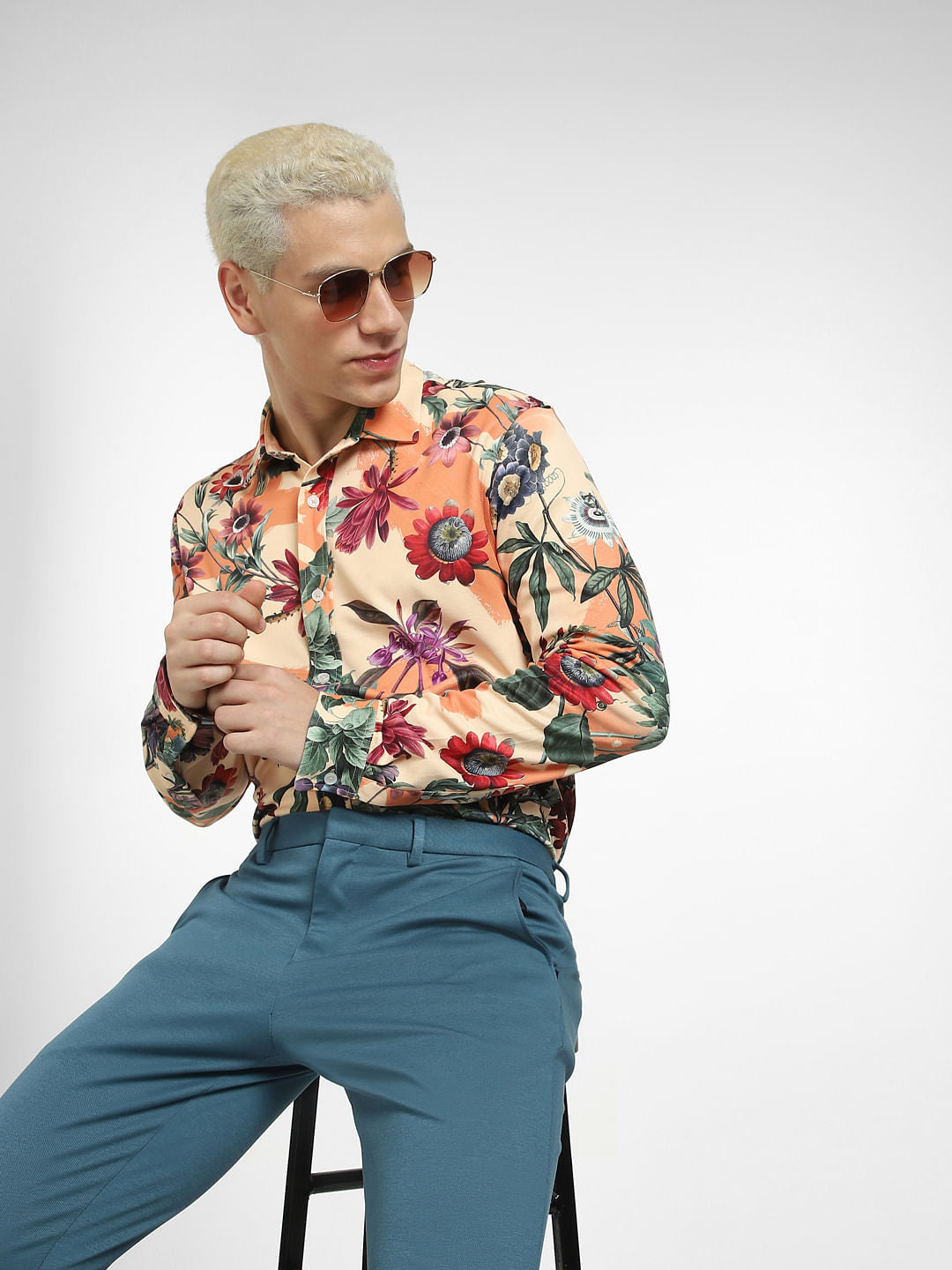 Peach Floral Full Sleeves Shirt - S