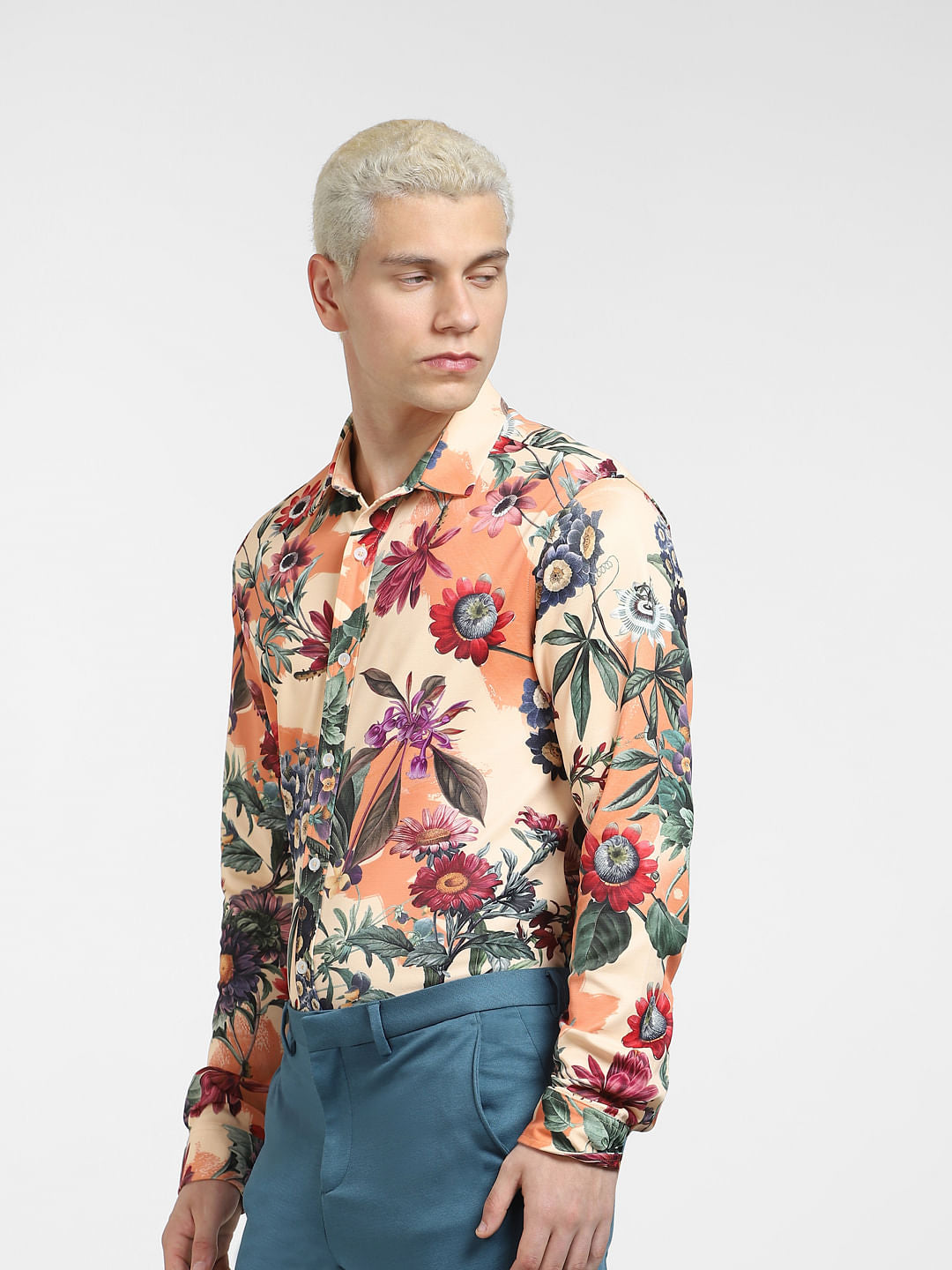 Peach Floral Full Sleeves Shirt