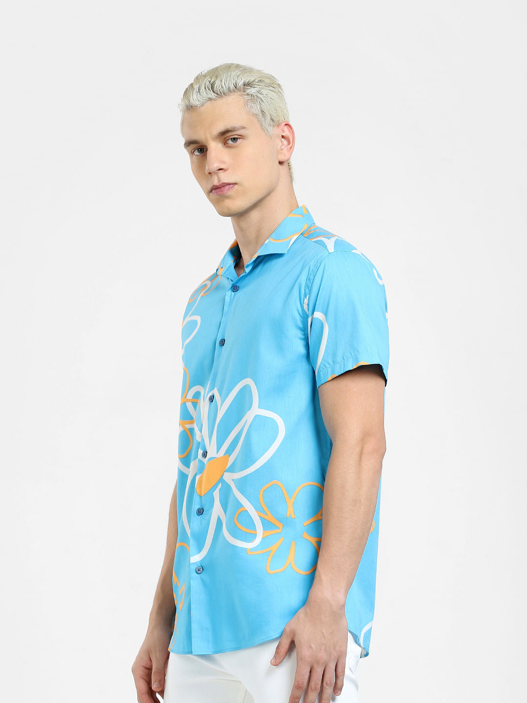 Blue Floral Short Sleeves Shirt