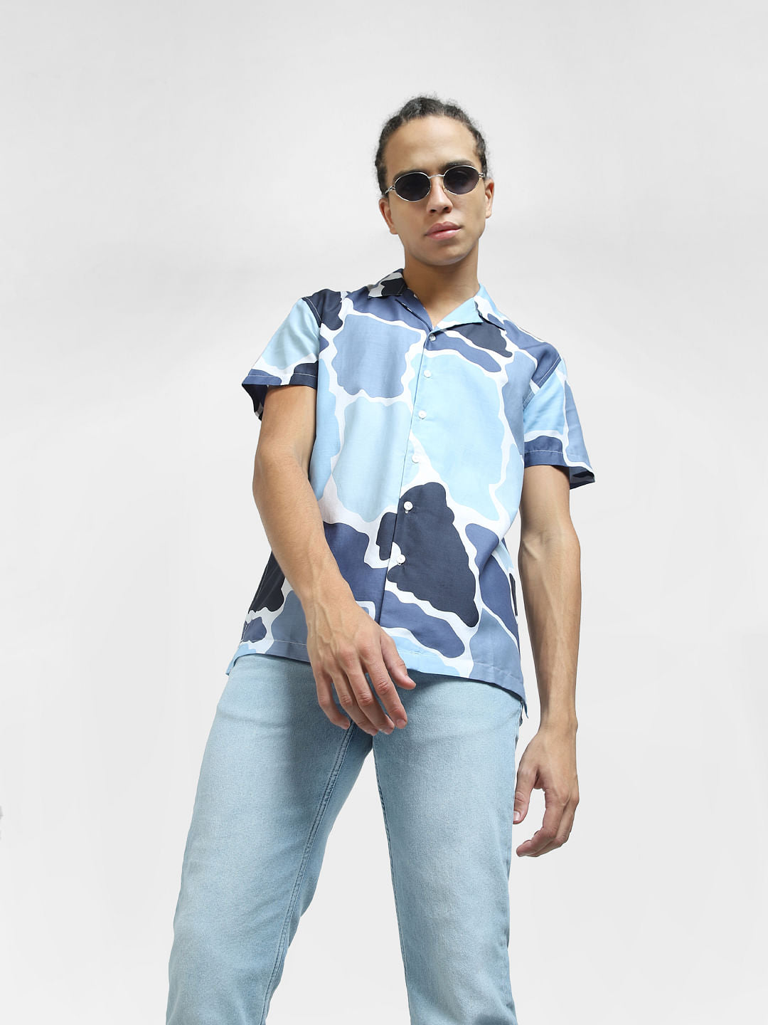 Blue Printed Short Sleeves Shirt - S