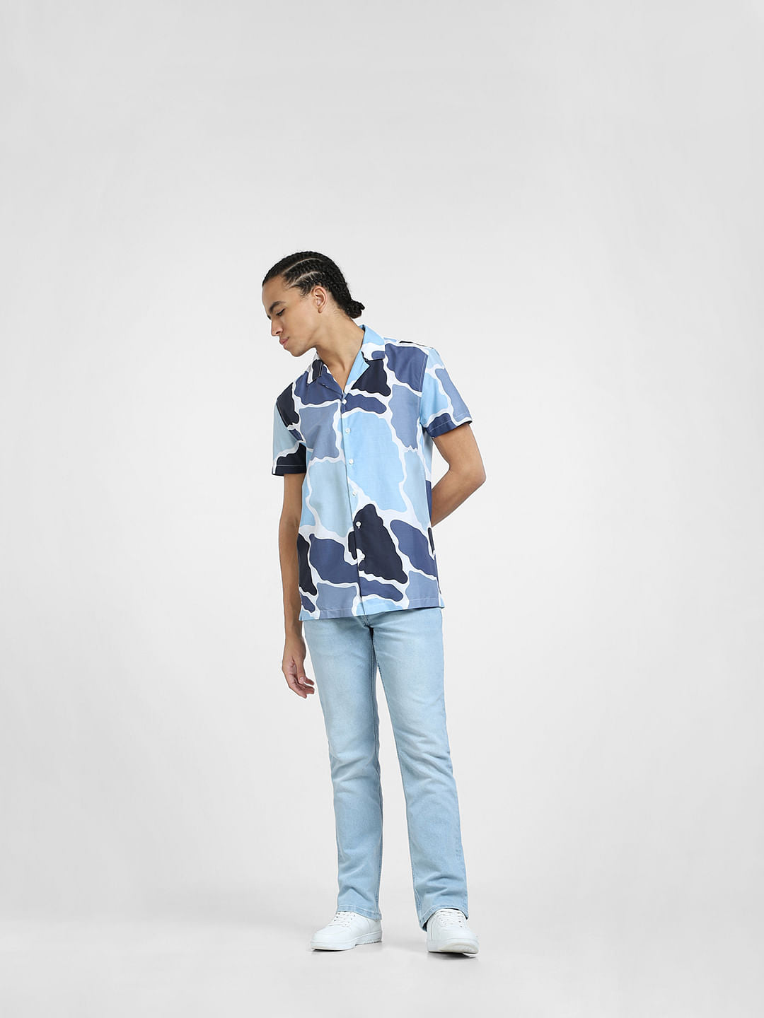 Blue Printed Short Sleeves Shirt