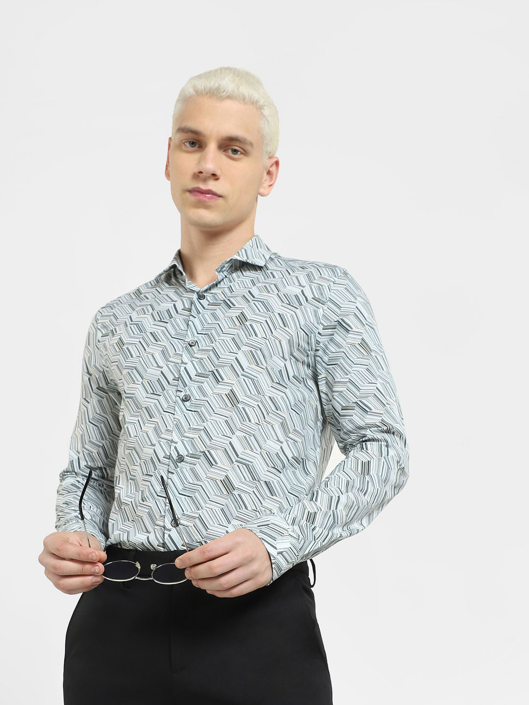Blue Printed Full Sleeves Shirt - S