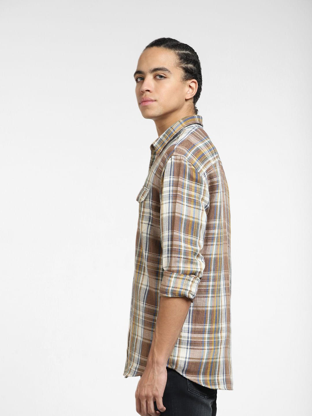 Brown Check Linen Full Sleeves Shirt
