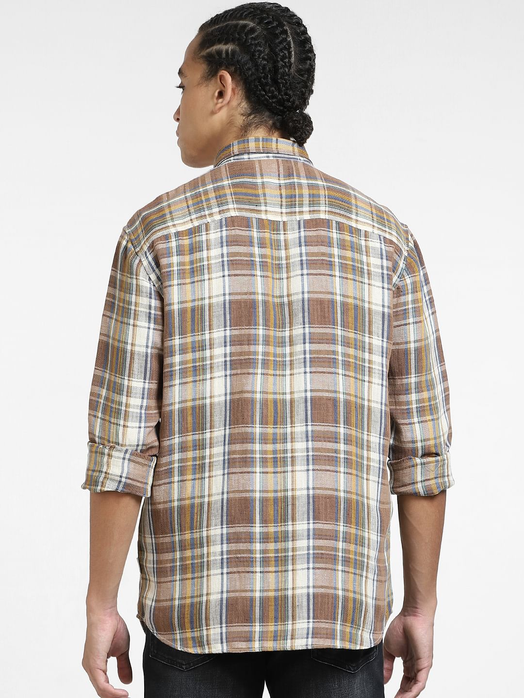 Brown Check Linen Full Sleeves Shirt