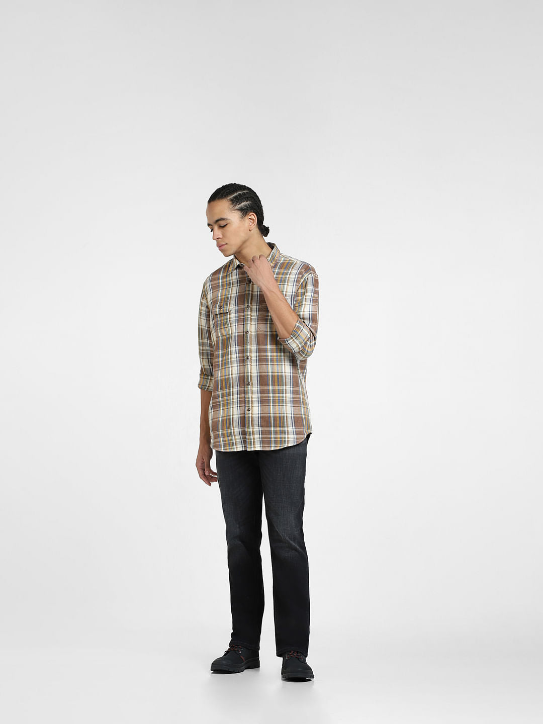 Brown Check Linen Full Sleeves Shirt