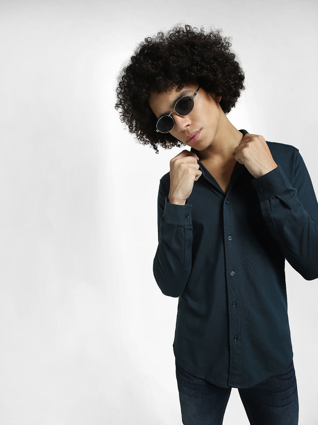Deep Blue Knit Full Sleeves Shirt - S