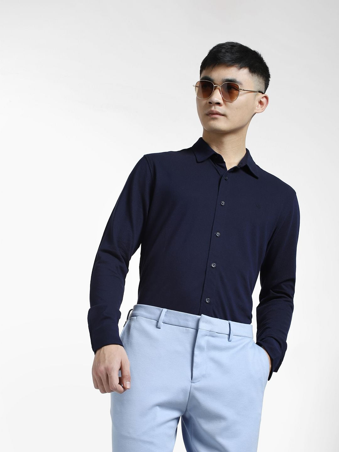 Navy Blue Knitted Full Sleeves Shirt - S