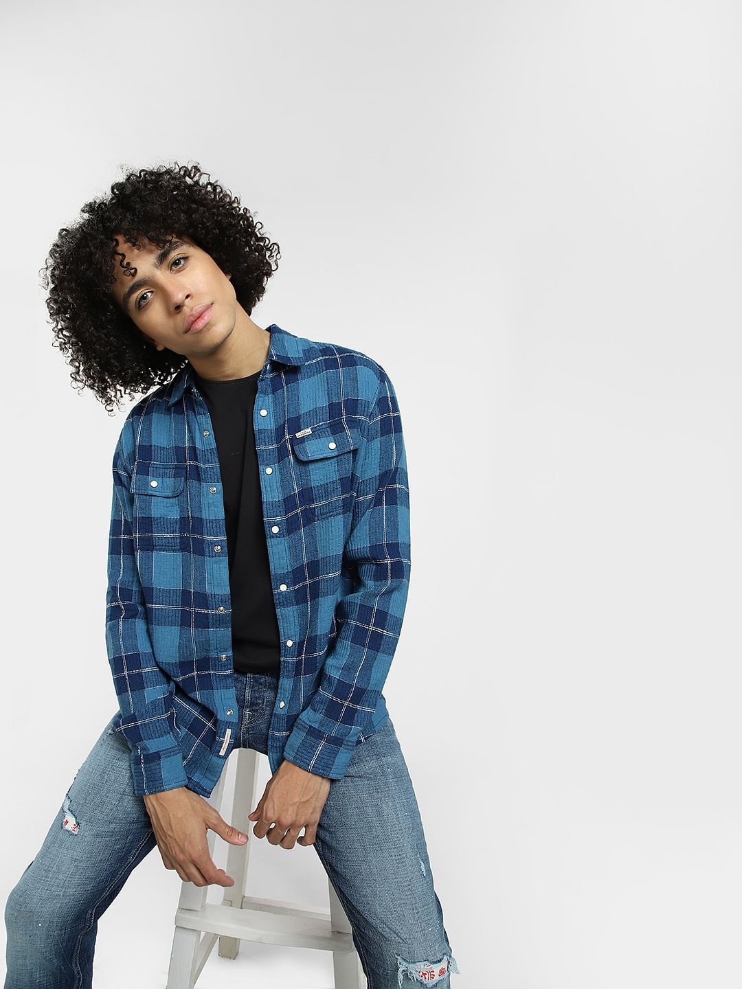 Blue Check Full Sleeves Shirt - S