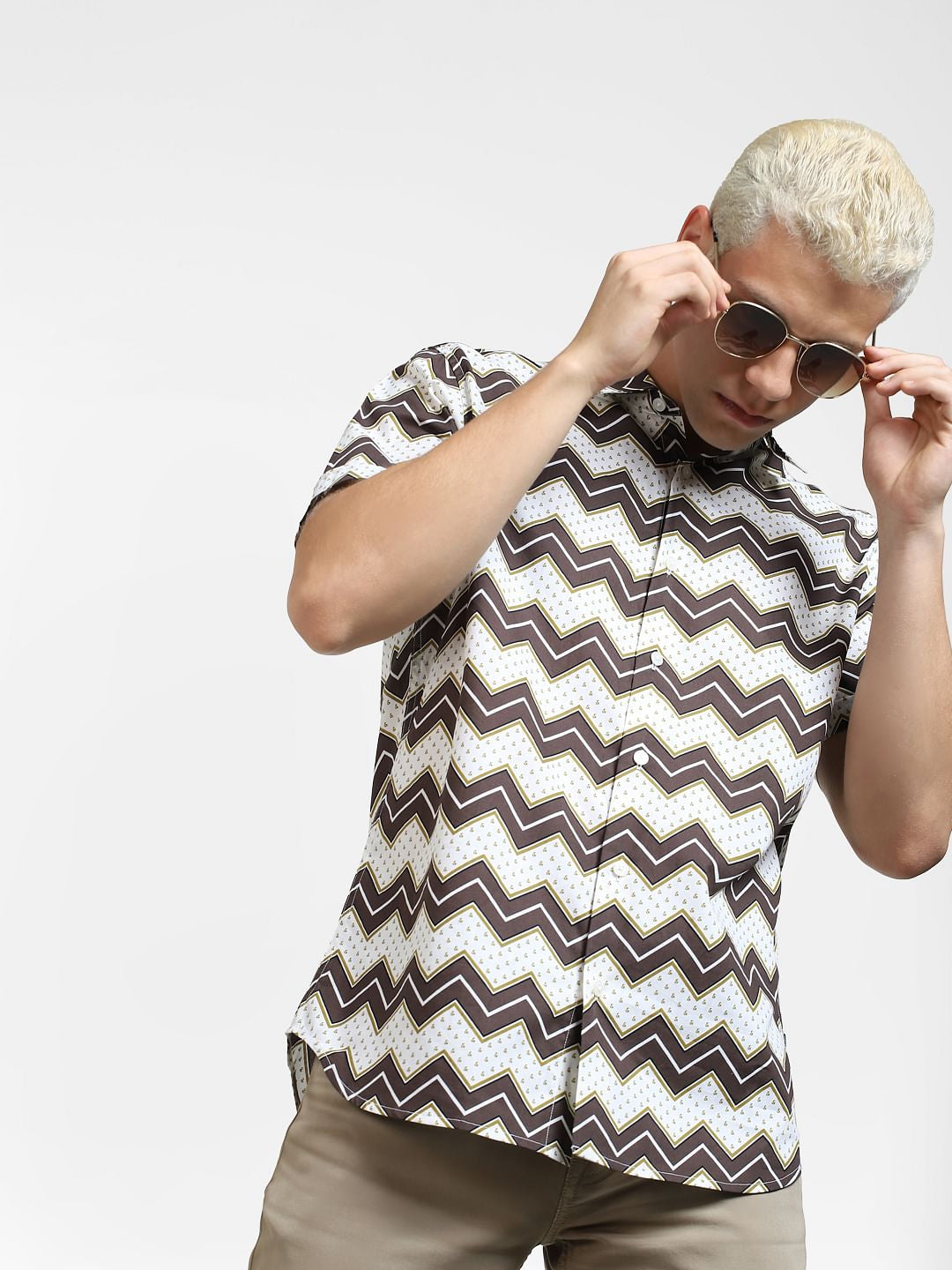 Brown Abstract Print Short Sleeves Shirt - S