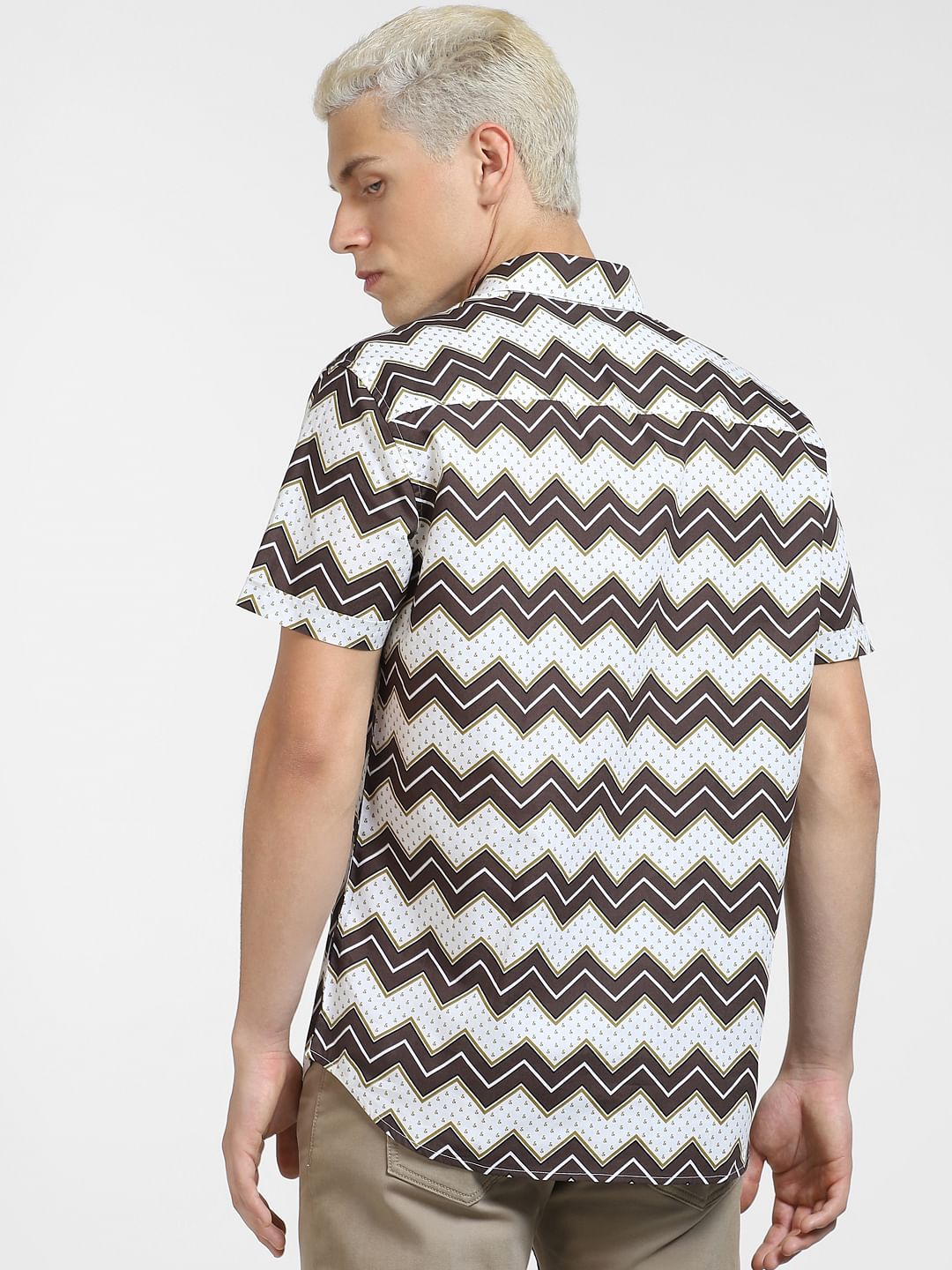Brown Abstract Print Short Sleeves Shirt