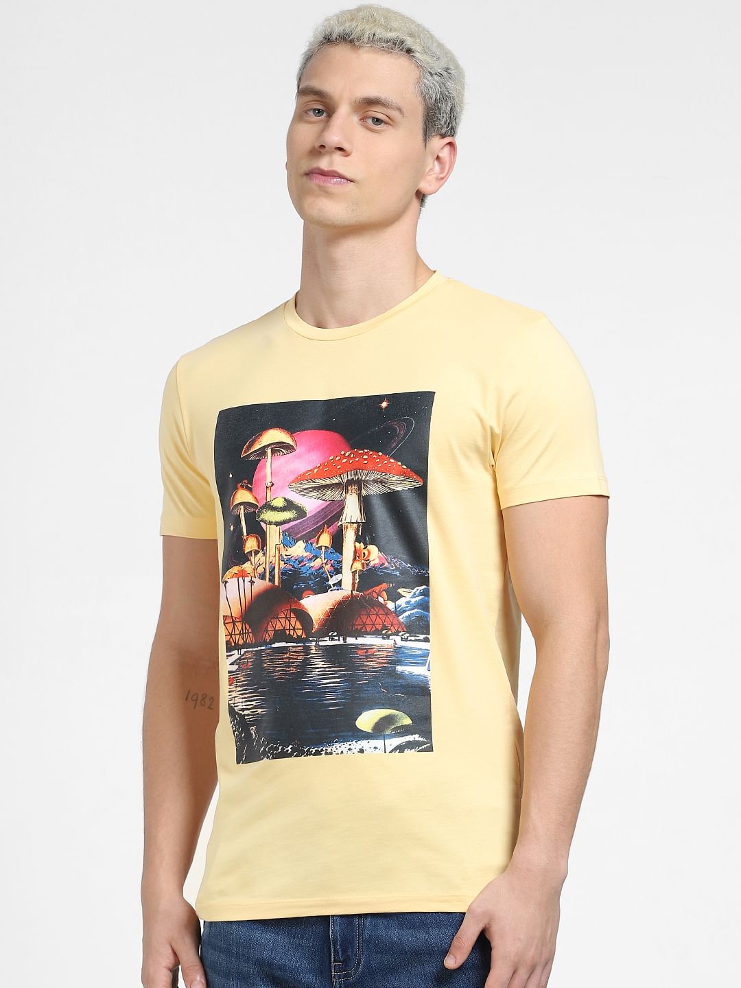 Beige Graphic Print Crew Neck T-shirt