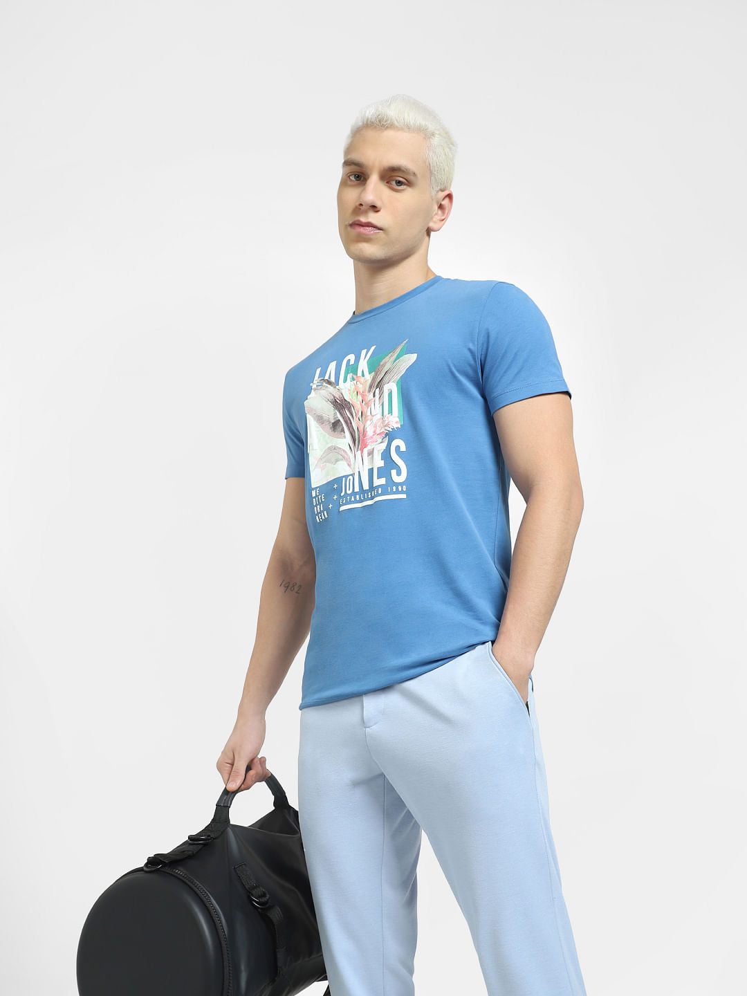 Blue Graphic Print Crew Neck T-shirt - S