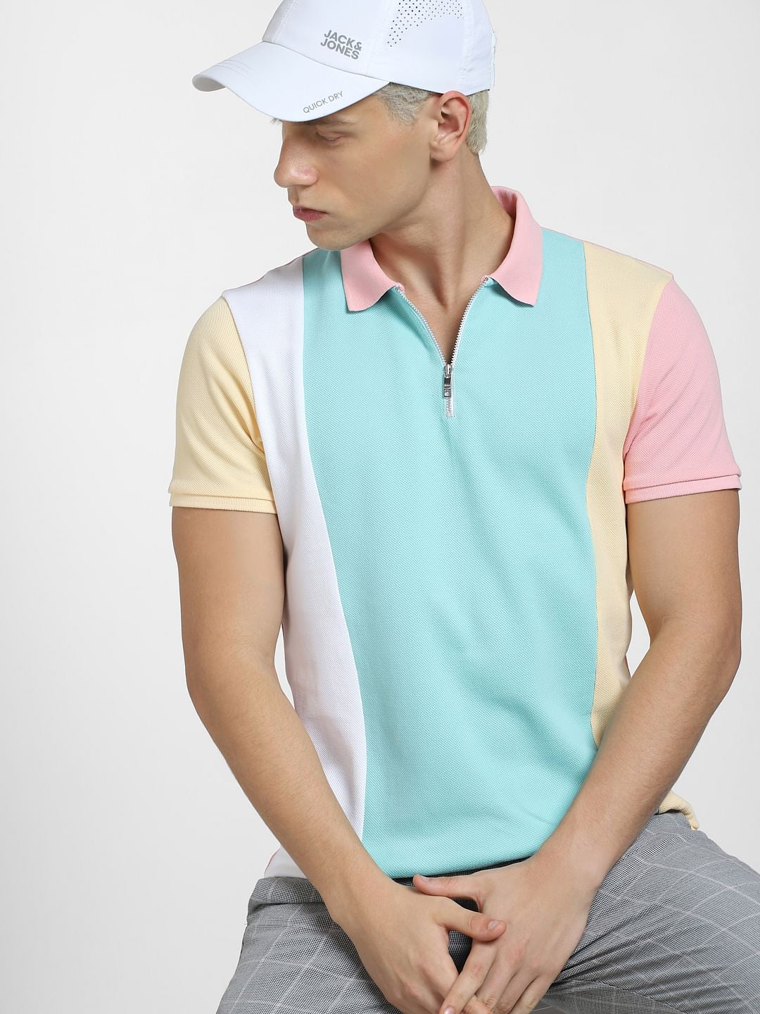 Pink Colourblocked Polo Neck T-shirt - S