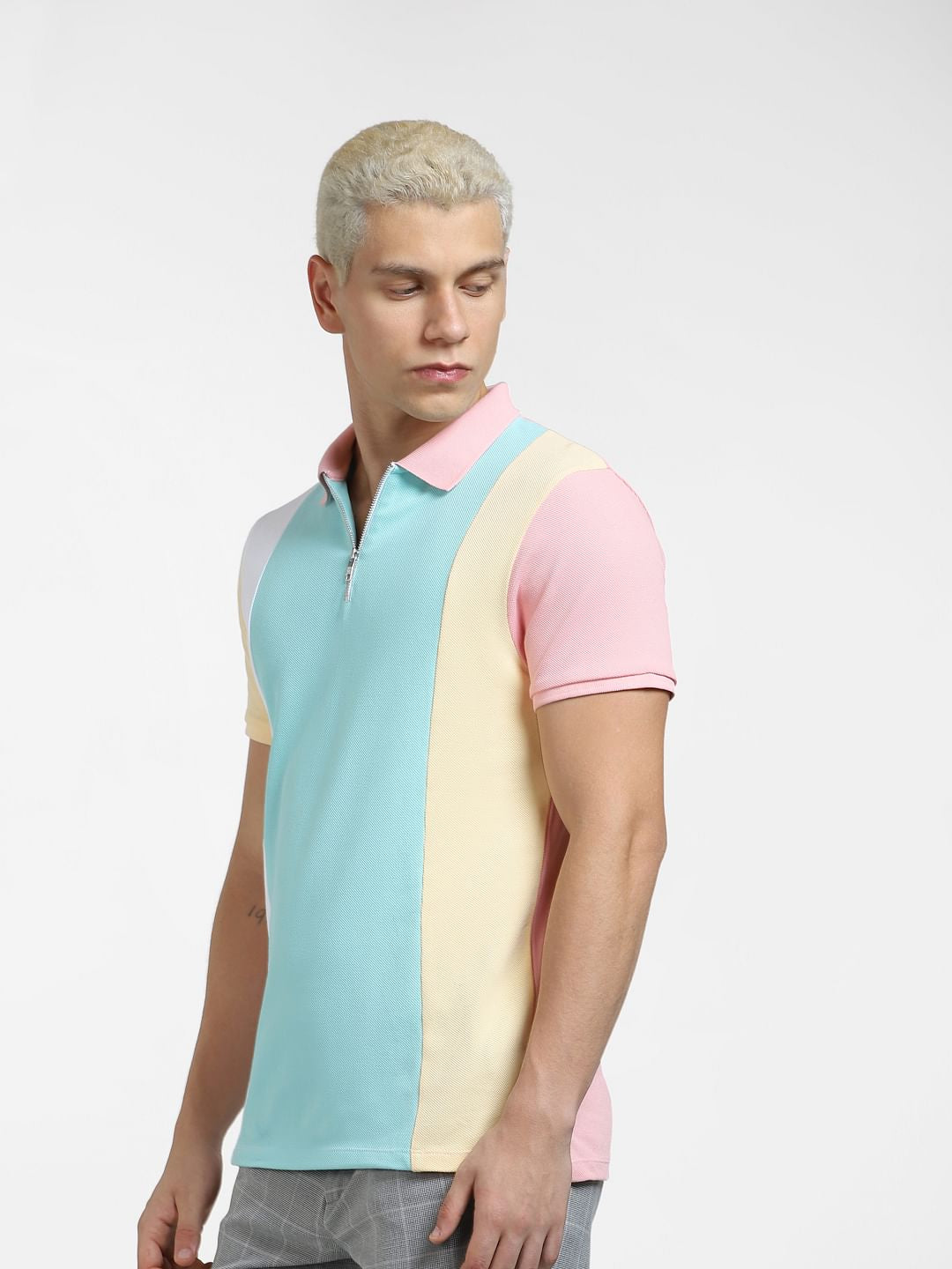 Pink Colourblocked Polo Neck T-shirt